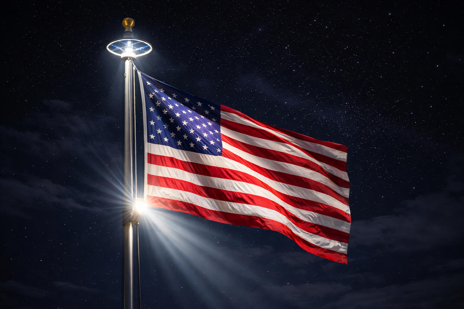 american flag illuminated by solar flag pole light at night